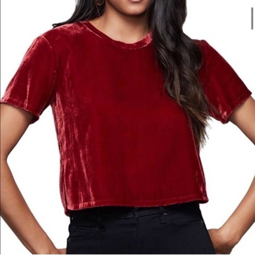Good American Women Velvet Copped Shirt Red Short Sleeve Top Size 1 Small